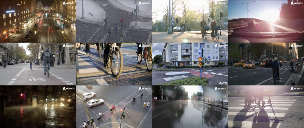 Collage med stillbilder från Atentis trafiksäkerhetsfilmer för gående, cyklister och bilförare.