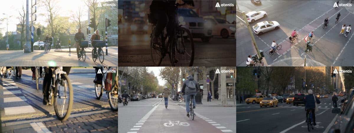 Collage med stillbilder från Atentis trafiksäkerhetsfilmer för cyklister.
