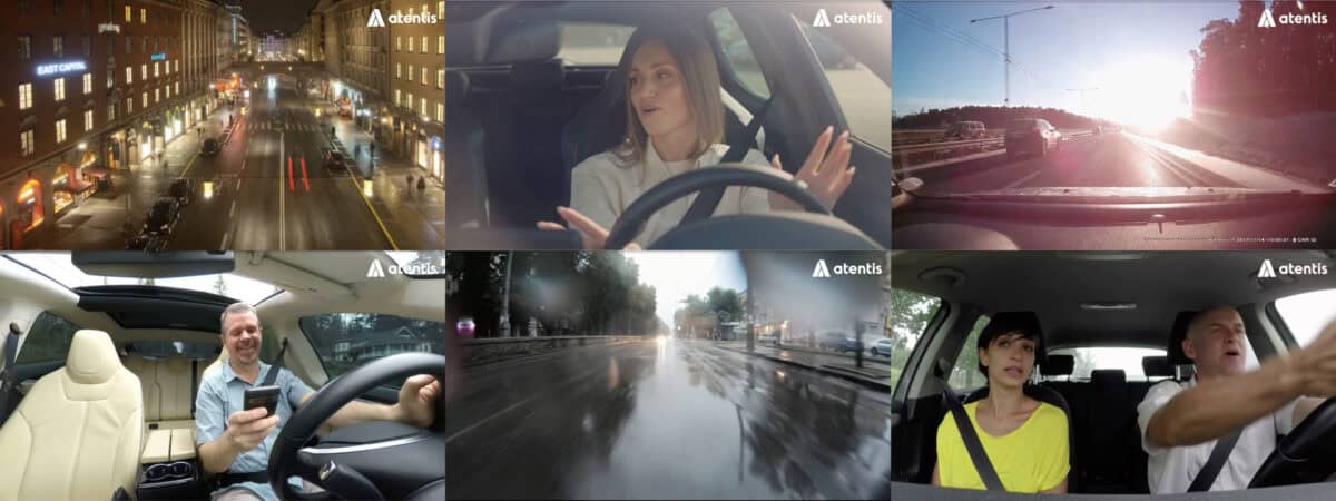 Collage med stillbilder från Atentis trafiksäkerhetsfilmer för bilförare.