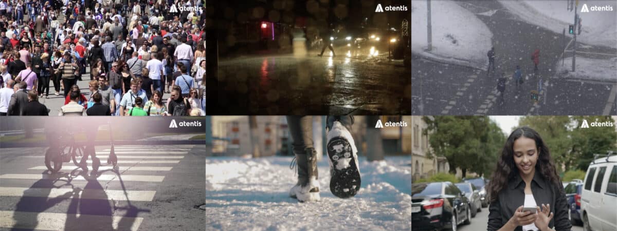 Collage med stillbilder från Atentis trafiksäkerhetsfilmer för gående.